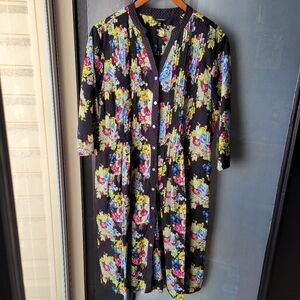Vintage J Peterman 3/4Sleeve Black Floral Indian Cotton Button-Front Dress Large